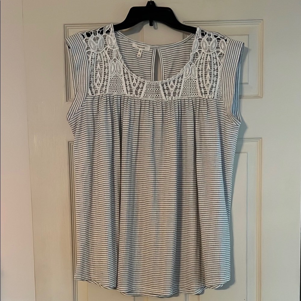 Maurices Black and White Striped Blouse with Lace details